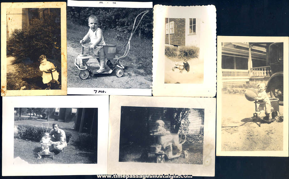 (12) Old Photographs & Negatives of Toddler Children In Old Vintage Riding Walkers or Strollers