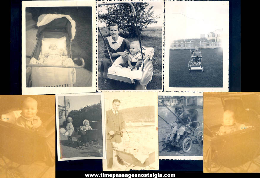 (8) Old Photographs of Toddler Children In Old Vintage Riding Carriages or Strollers