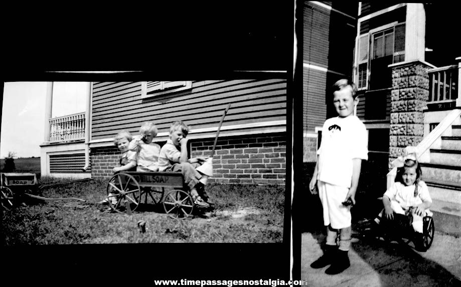 (9) Different Old Photographs of Children In or With Old Vintage Wooden Wagons