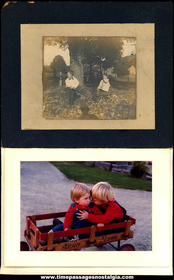 (9) Different Old Photographs of Children In or With Old Vintage Wooden Wagons