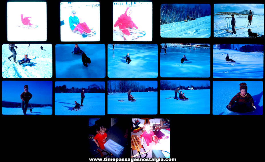 (17) Old Photograph Slides of Children On Old Vintage Sleds Sledding