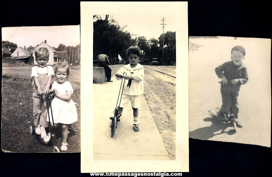 (3) Different Old Black & White Photographs of Children On Toy Scooter Ride On Vehicles