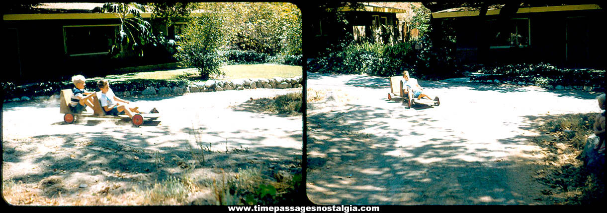 (2) Different Old Color Photograph Slides of Children Riding a Home Made Wooden Go Cart