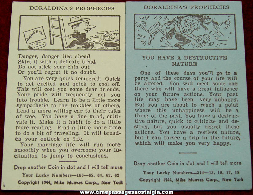 (2) Different 1944 Doraldinas Prophecies Fortune Telling Arcade Machine Advertising Cards