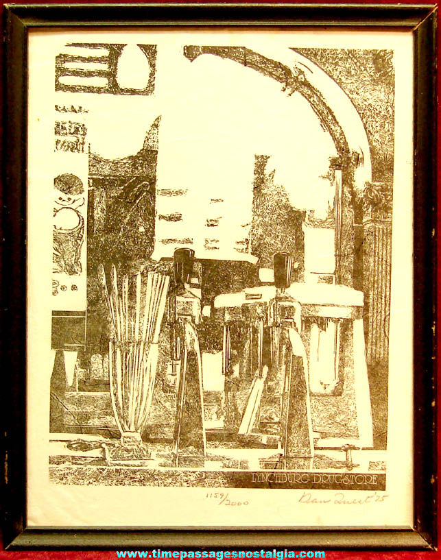 1975 Dan Quest Signed & Numbered Lynchburg Drug Store Lithograph or Intaglio Soda Fountain Counter Print