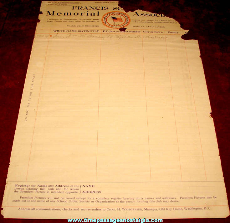 (3) 1909 Francis Scott Key Memorial Association Historic Certificates and Document
