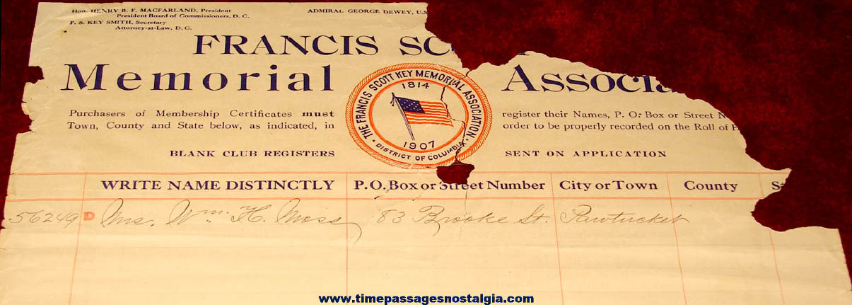 (3) 1909 Francis Scott Key Memorial Association Historic Certificates and Document