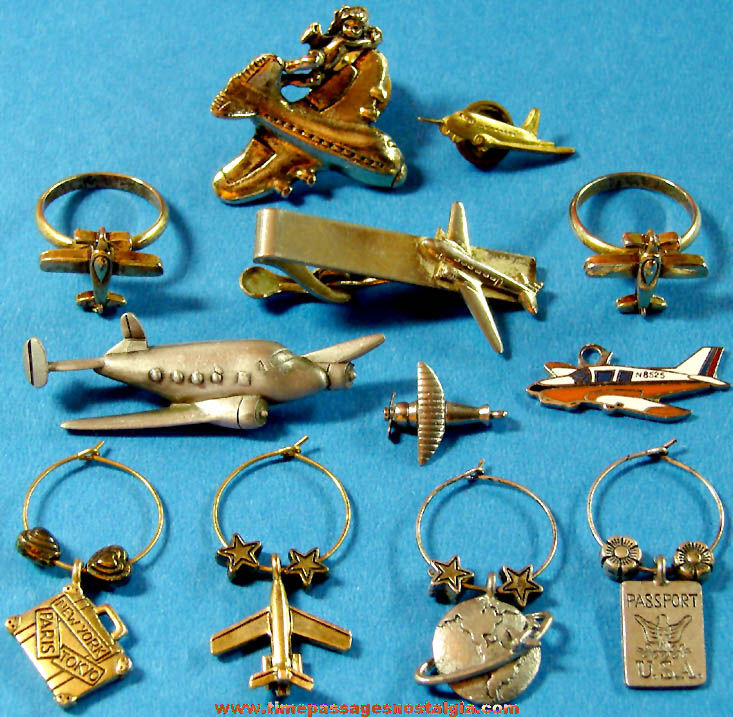 (12) Small Old Airplane Related Metal Jewelry Items