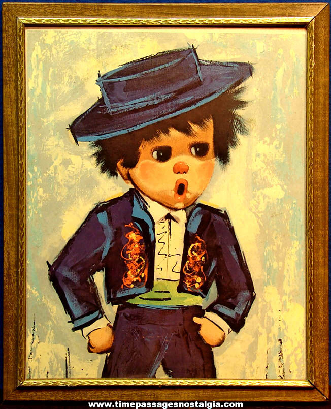 Old Framed Alvaro or Bollini Big Eyed Child Art Print
