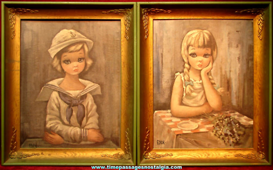 (2) Different Large Old Framed Eden Big Eyed Young Girl Art Prints