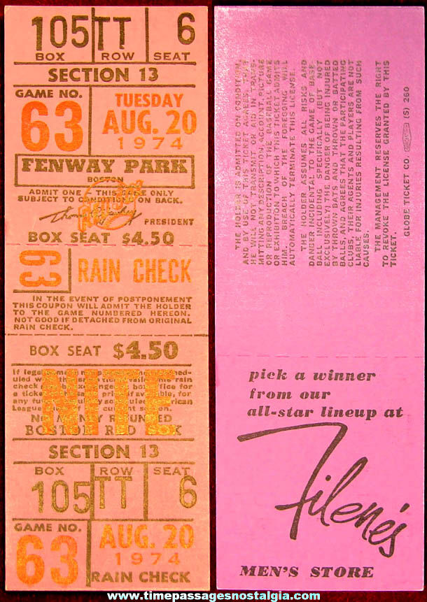 Unused August 20th 1974 Boston Red Sox vs Chicago White Sox Fenway Park Baseball Ticket