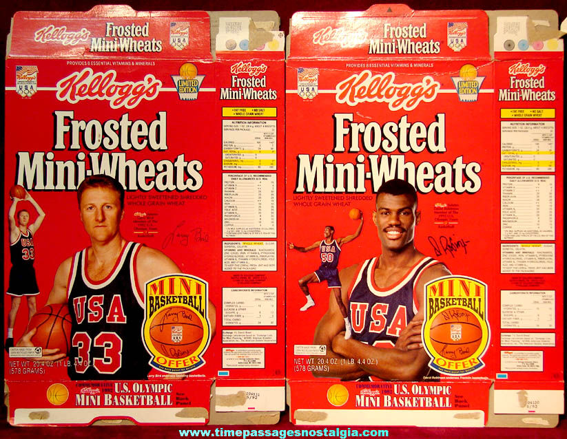 (2) Different 1990 Kelloggs Frosted Mini Wheats United States Olympic Basketball Cereal Boxes