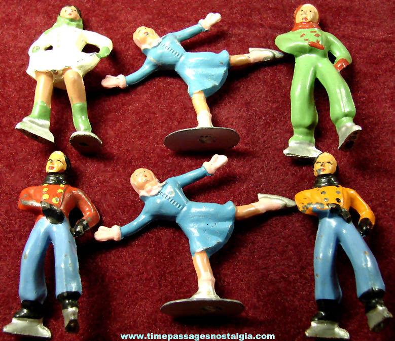 (6) Colorful Old Painted Lead Ice Skating Play Set Figures