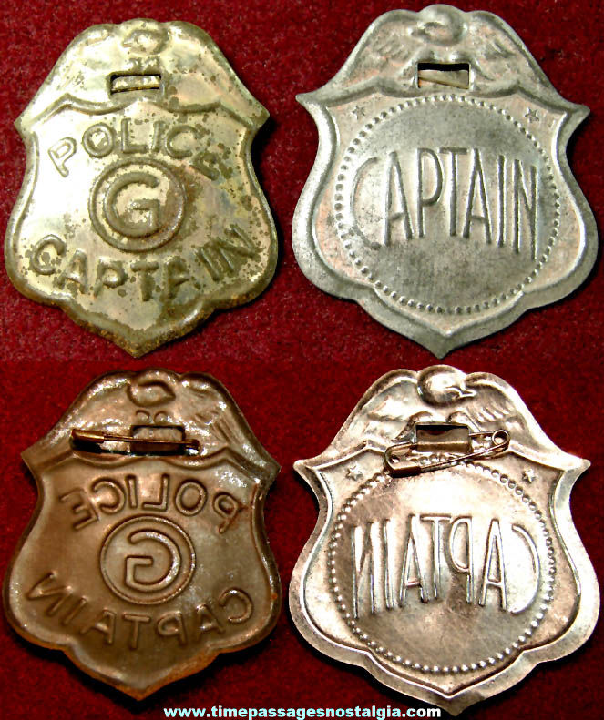 (2) Different Old Cracker Jack Pop Corn Confection Embossed Tin Toy Prize Police Badges