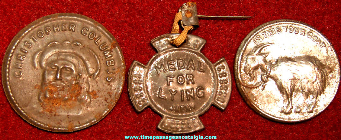 (3) Different Old Cracker Jack Pop Corn Confection Embossed Tin Toy Prize Medals or Badges
