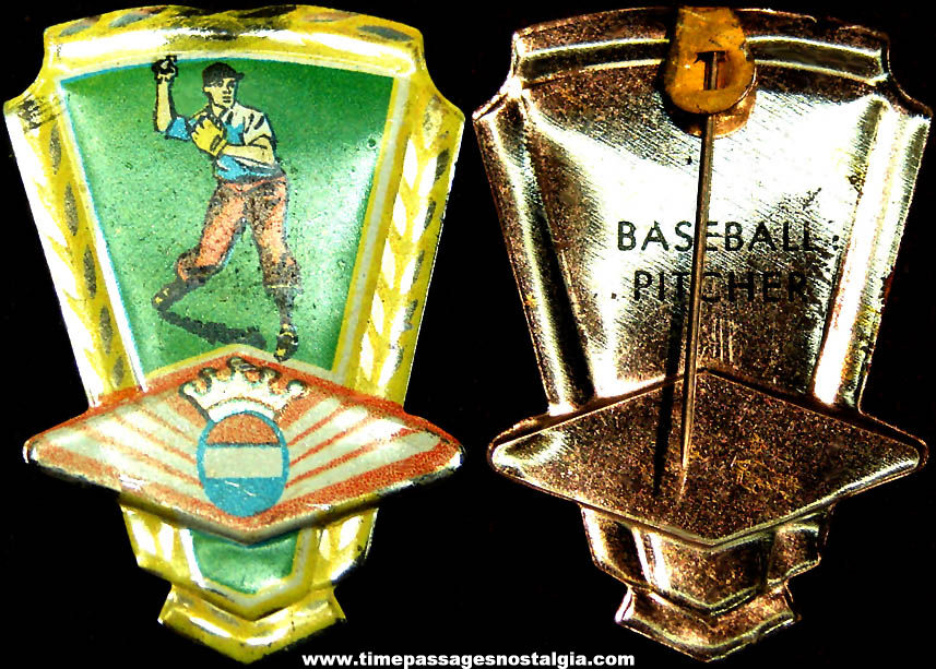 Colorful Old Lithographed & Embossed Baseball Pitcher Premium or Prize Sports Pin