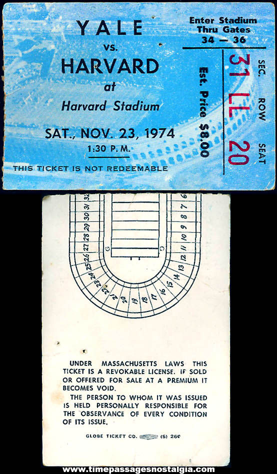 1974 Yale vs Harvard College Football Game Harvard Stadium Ticket Stub