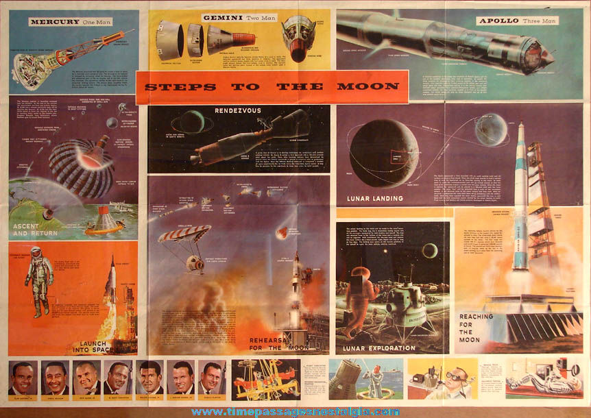 Colorful Old Steps To The Moon United States Space Flight Educational Poster