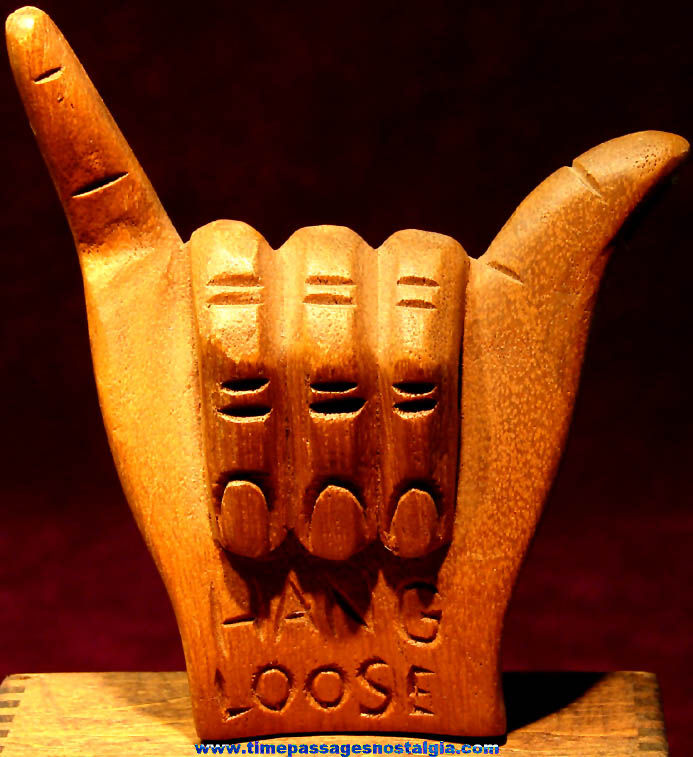 Old Carved Wood Hang Loose Hand Symbol Figure