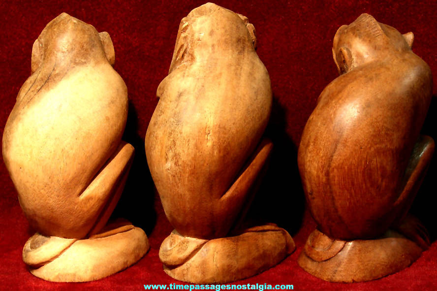 Set of (3) Large Carved Wooden See No - Hear No - and Speak No Evil Monkeys