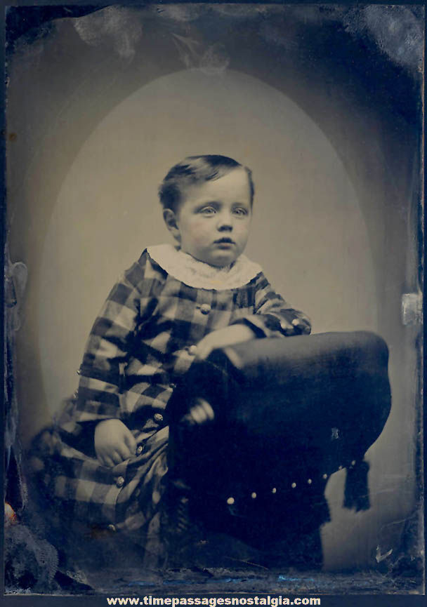 Large Old Victorian Era Child in a Plaid Dress Tin Type Photograph