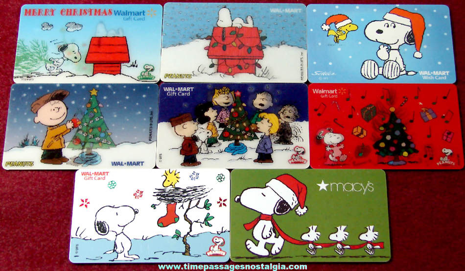 (8) Different Colorful Unused Charles Schulz Peanuts Comic or Cartoon Character Department Store Gift Cards