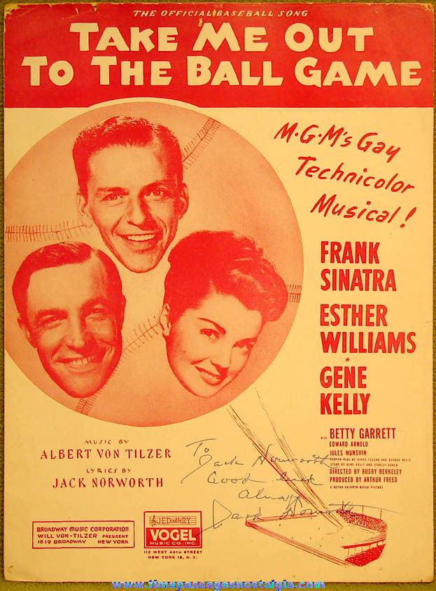 Jack Norworth Twice Autographed 1949 Take Me Out To The Ball Game Movie Music Song Sheet