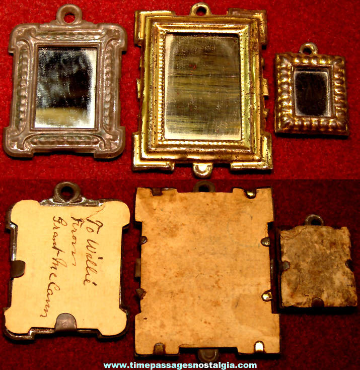 (3) Different Old Cracker Jack Pop Corn Confection Embossed Tin Framed Miniature Toy Prize Mirrors