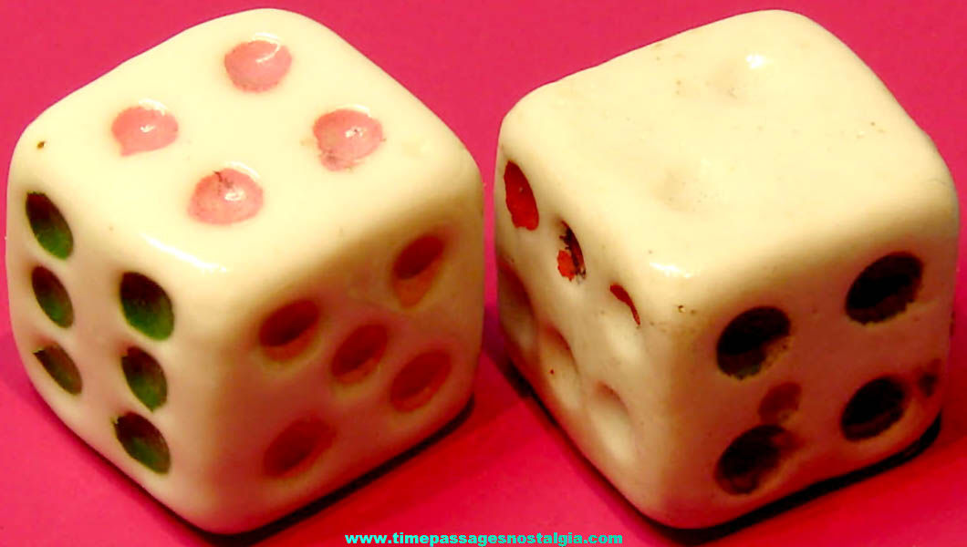 (2) Old Matching Cracker Jack Pop Corn Confection Toy Prize Porcelain or Ceramic Game Dice
