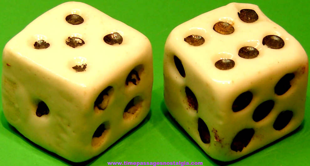 (2) Old Matching Cracker Jack Pop Corn Confection Toy Prize Porcelain or Ceramic Game Dice