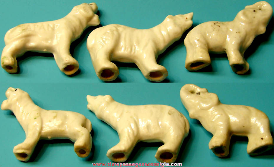 (3) Different 1930s Cracker Jack Pop Corn Confection Porcelain Toy Prize Animal Figurines