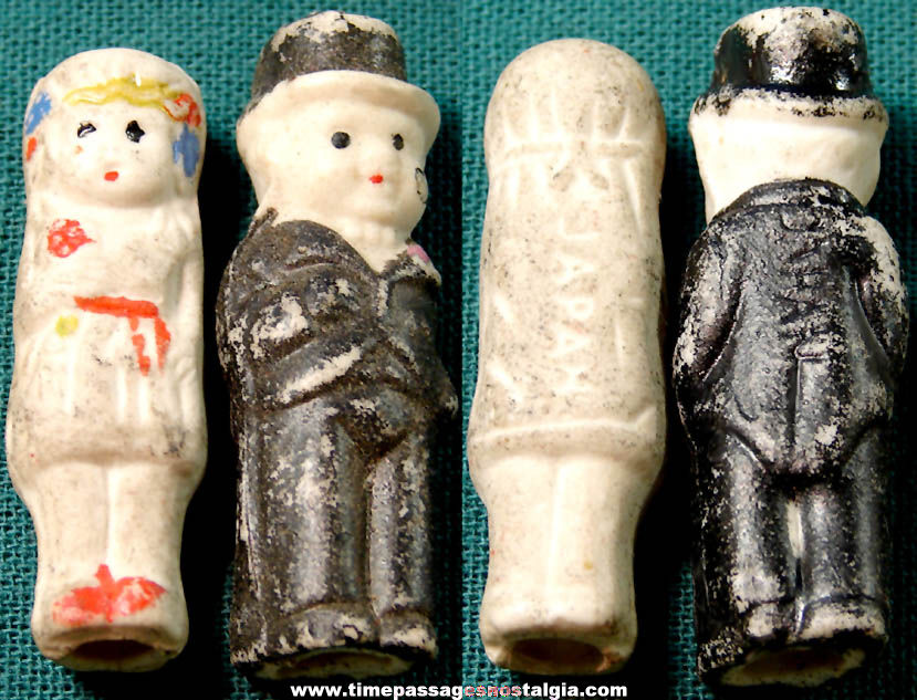 (2) Different 1930s Cracker Jack Pop Corn Confection Painted Porcelain or Bisque Toy Prize Doll Wedding Figures