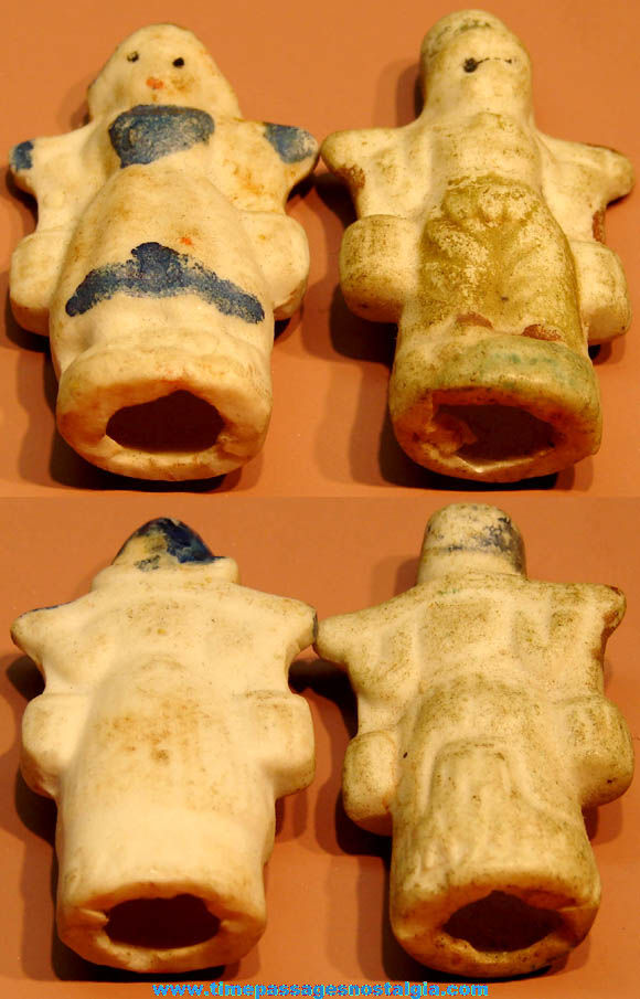 (2) Different 1930s Cracker Jack Pop Corn Confection Painted Porcelain or Bisque Toy Prize Dutch Doll Figures