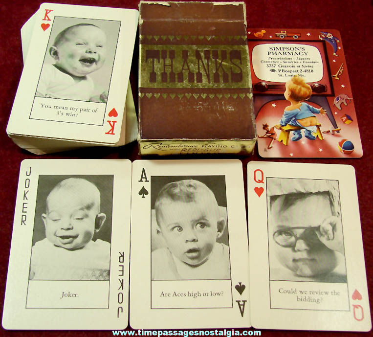 Old Unused St. Louis Missouri Pharmacy Advertising Premium Playing Card Deck with Funny Babies
