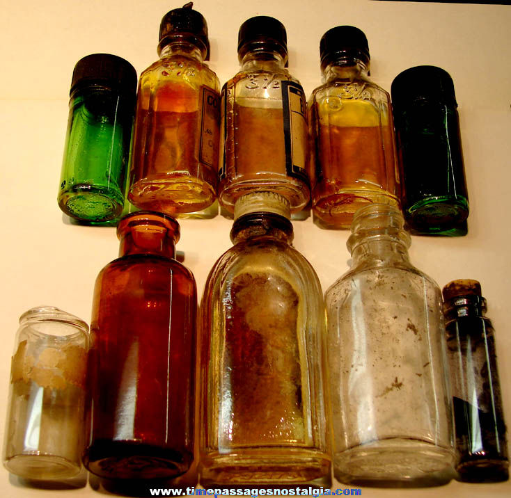 (10) Different Small Old Pharmacy Prescription Medicine and Oil Bottles