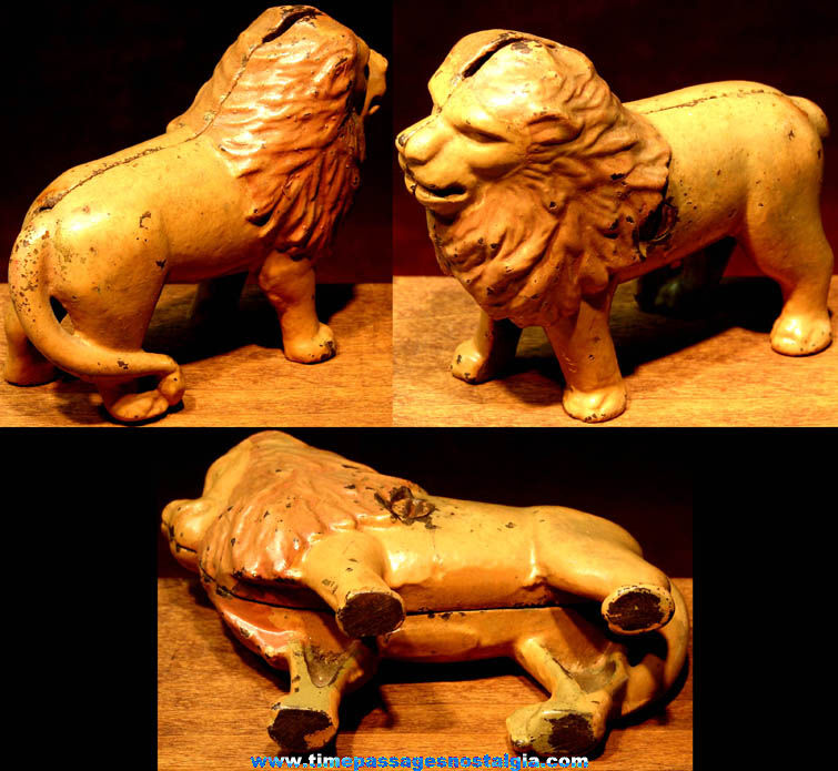 Old Painted Cast Iron Metal Lion Coin Savings Still Bank