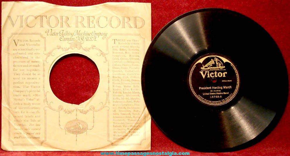 1921 President Harding March & National Capital Centennial March Victor Record with Paper Sleeve