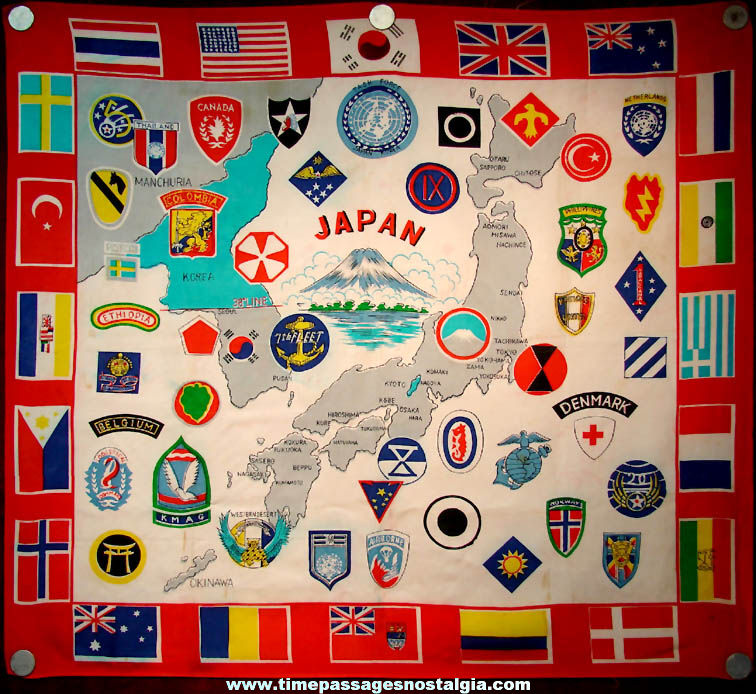 Large Colorful 1950s Korea & Japan United Nations Military Souvenir Scarf