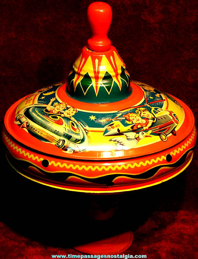 Very Colorful Old West German Space Age Transportation Lithographed Tin Toy Humming & Spinning Top