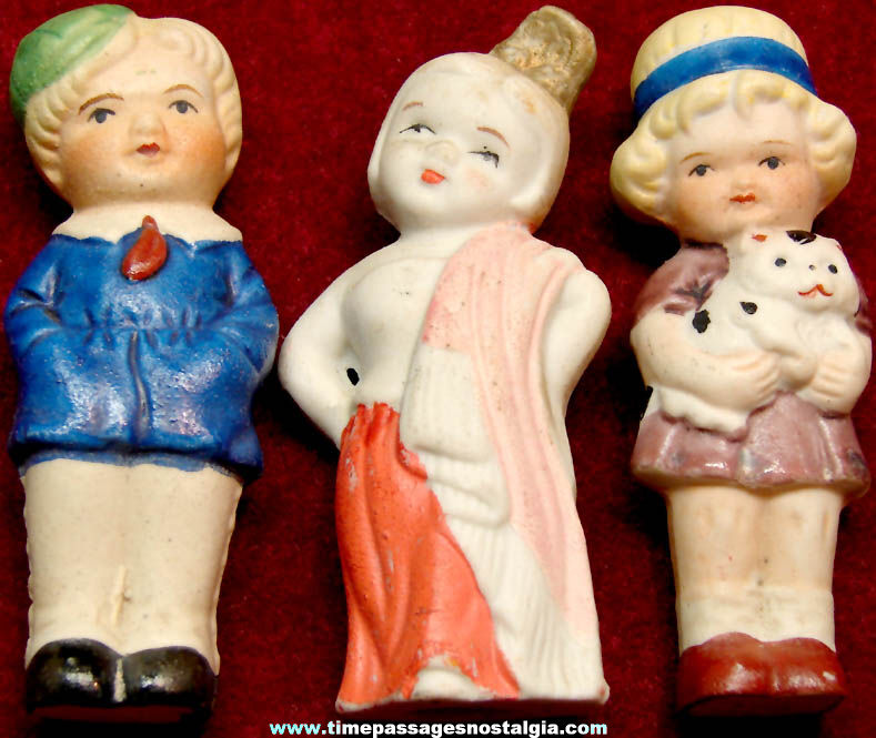 (3) Different Small Colorful Old Children Bisque Porcelain Dolls or Figurines