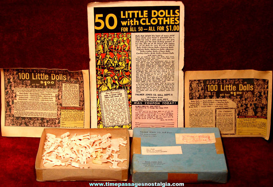 (31) 1971 Miniature Doll Figures with Original Mailer Box & (3) Different Advertisements