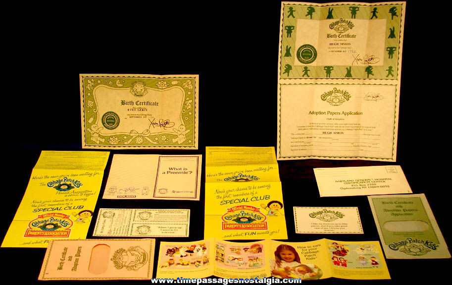 (11) ©1983 - ©1985 Xavier Roberts Cabbage Patch Doll Paperwork Items