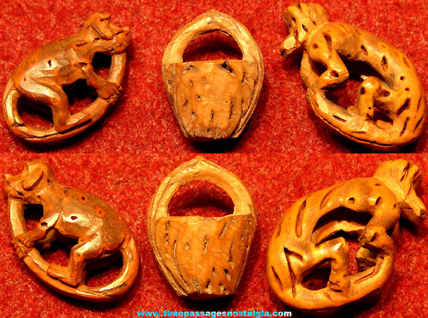 (3) Old Carved Miniature Peach Pit Monkeys and Basket