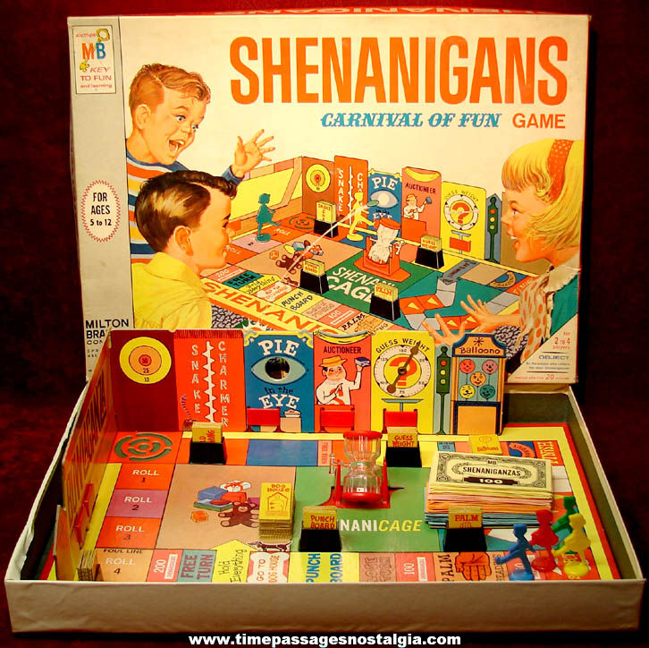 Colorful Complete 1966 Milton Bradley Shenanigans Carnival of Fun Boxed Board Game