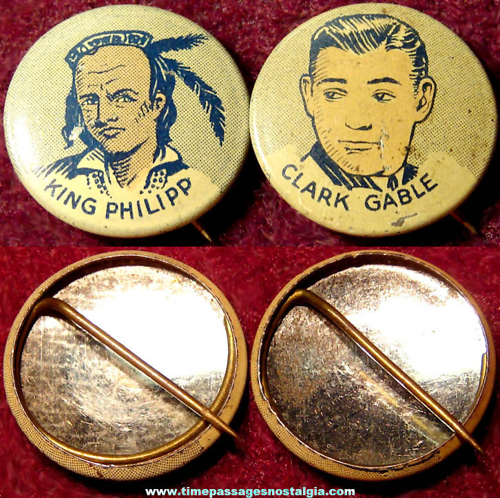 (2) Different 1930s Cracker Jack Pop Corn Confection Lithographed Tin Toy Prize Pin Pack Buttons