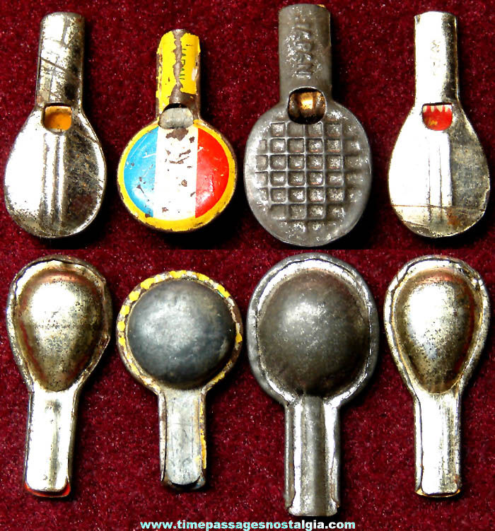 (4) 1930s Cracker Jack Pop Corn Confection Embossed Tin Metal Toy Prize Whistles