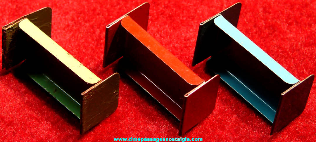 (3) Different Color 1930s Cracker Jack Pop Corn Confection Miniature Tin Toy Prize Beds