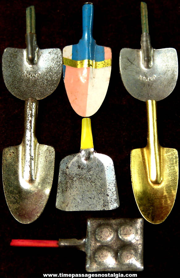 (7) Old Cracker Jack Pop Corn Confection Miniature Tin Toy Prize Shovel Tools