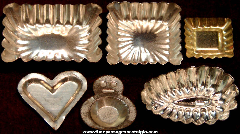 (6) Different Old Cracker Jack Pop Corn Confection Embossed Tin Toy Prize Miniature Cake or Jell-O Mold Pans