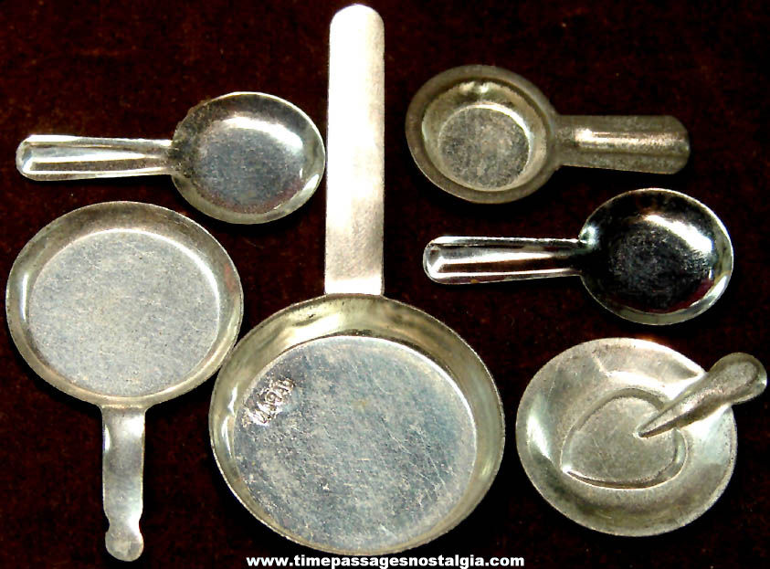 (6) Old Cracker Jack Pop Corn Confection Embossed Tin Toy Prize Miniature Frying Pans